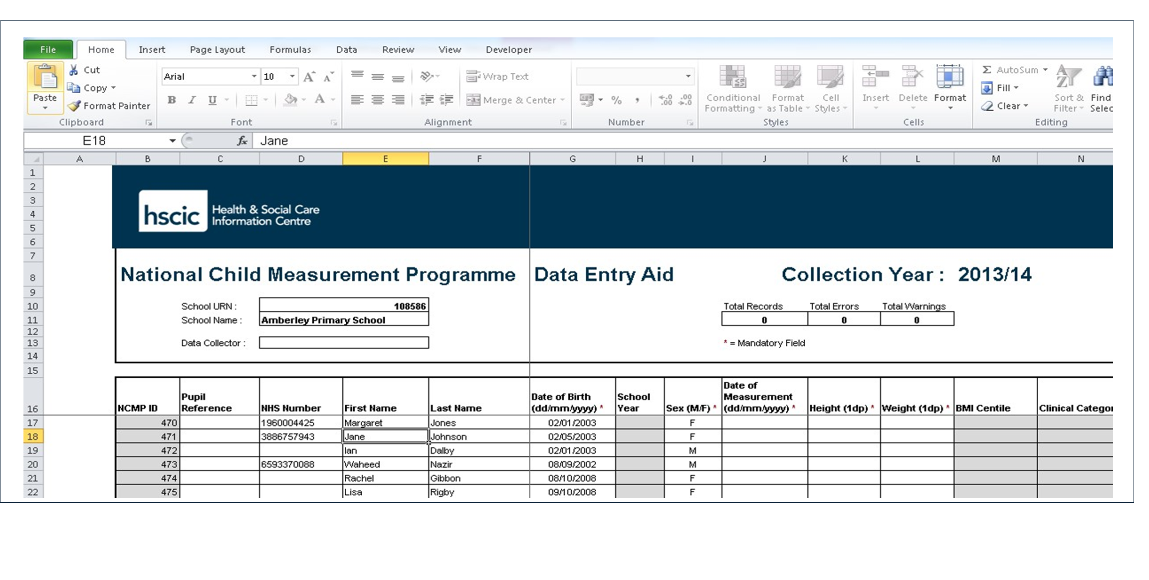 NCMP data entry aid collection year template