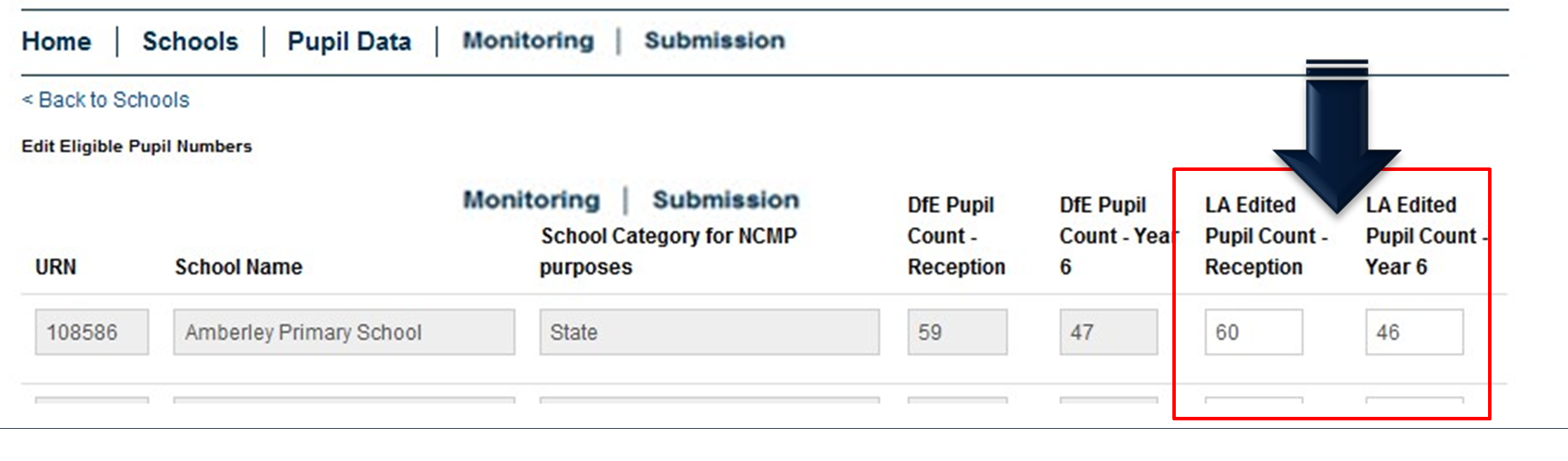 NCMP screen shot of edit eligible pupil numbers screen with local authority pupil count sections highlighted.
