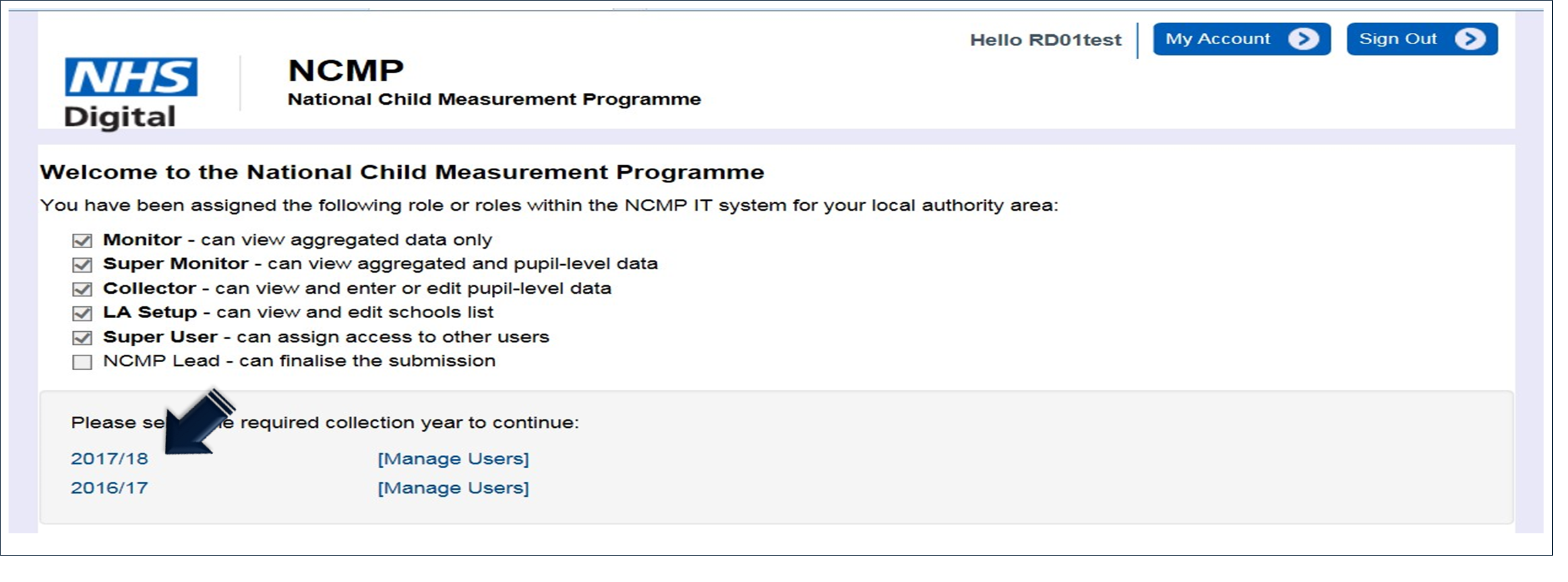 Welcome to the NCMP screen shot with submission years highlighted,