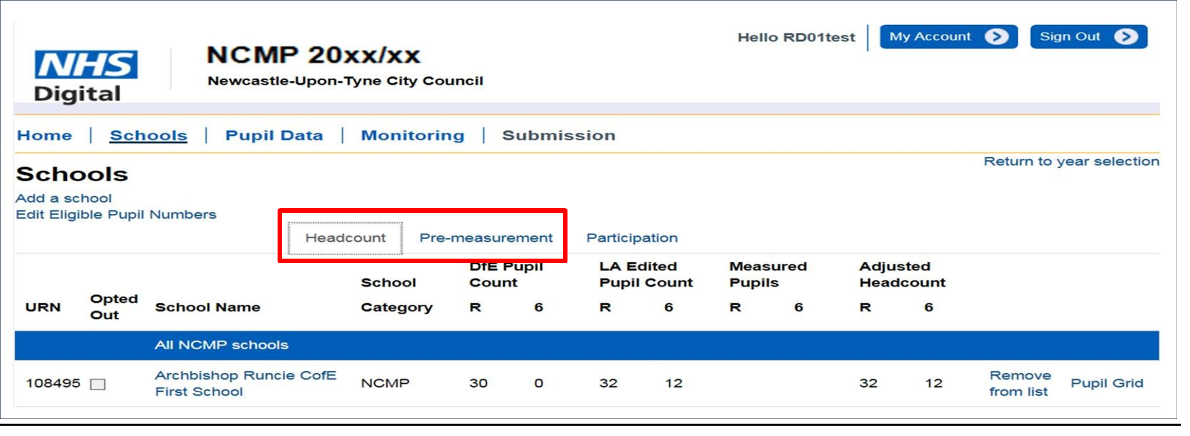 NCMP schools screen with headcount and premeasurement highlighted