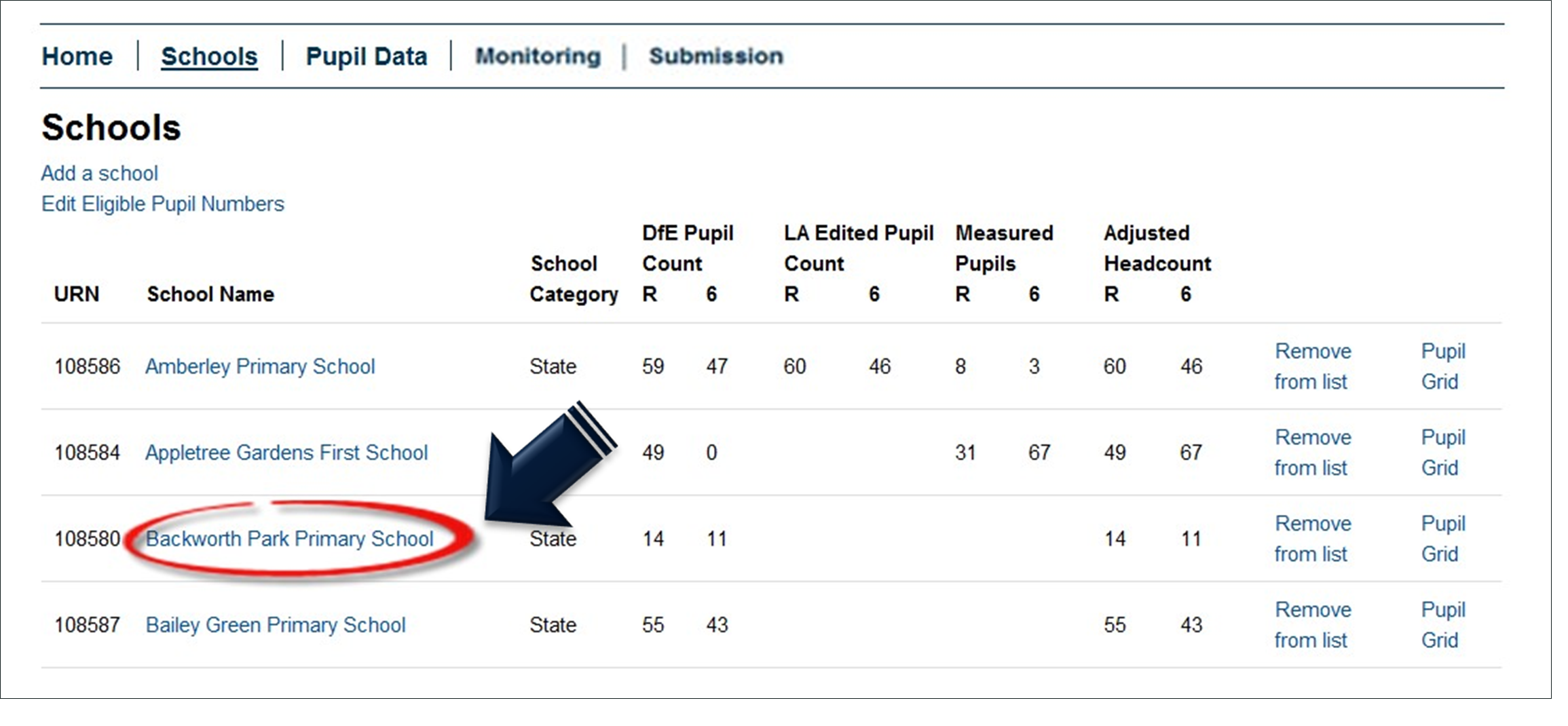 NCMP schools page with a school highlighted