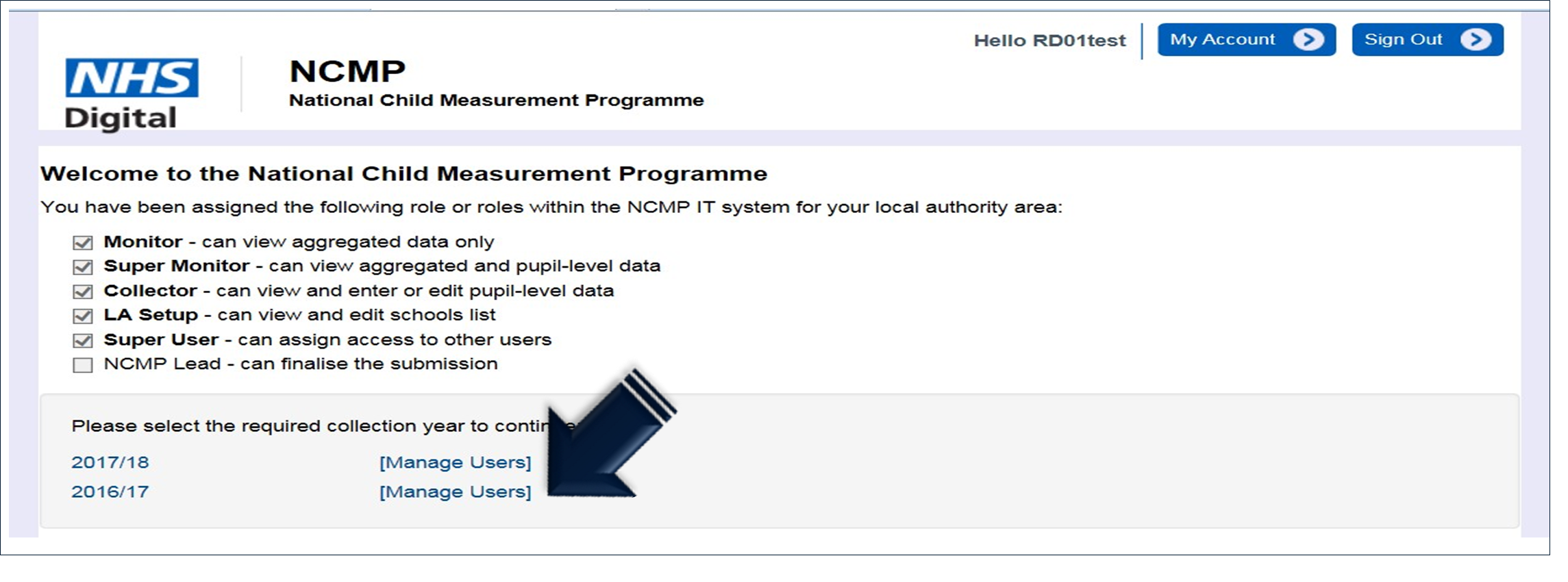 image of NCMP welcome screen with manager users highlighted