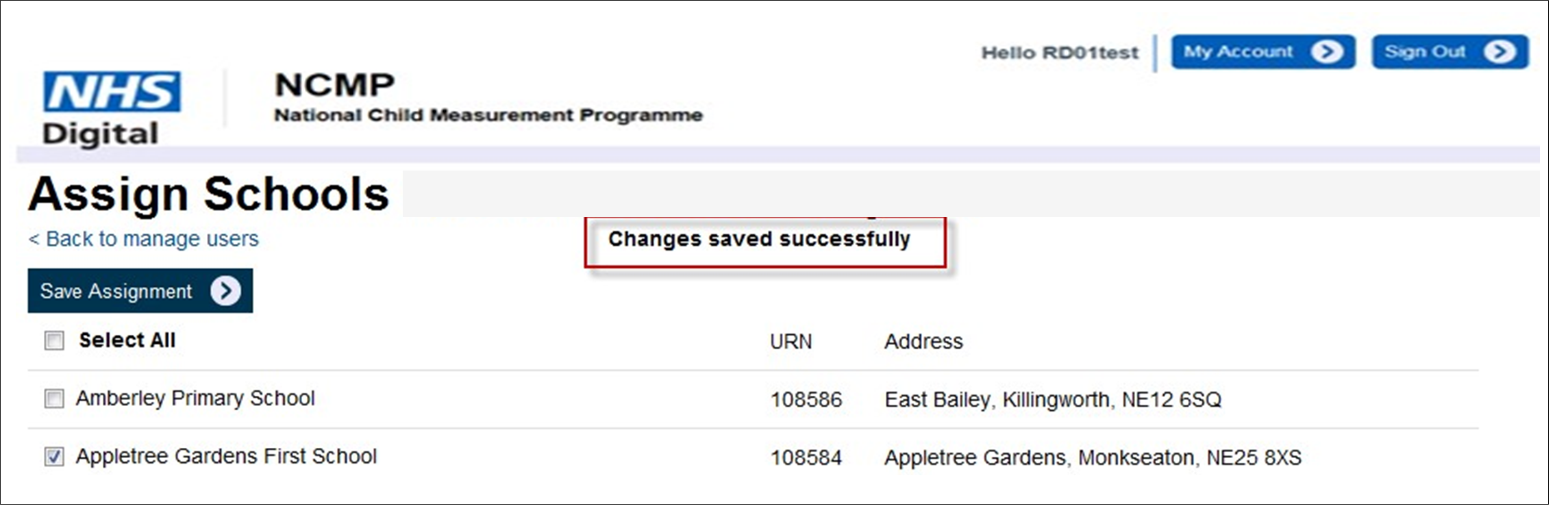 NCMP assign schools changes saved successfully screen