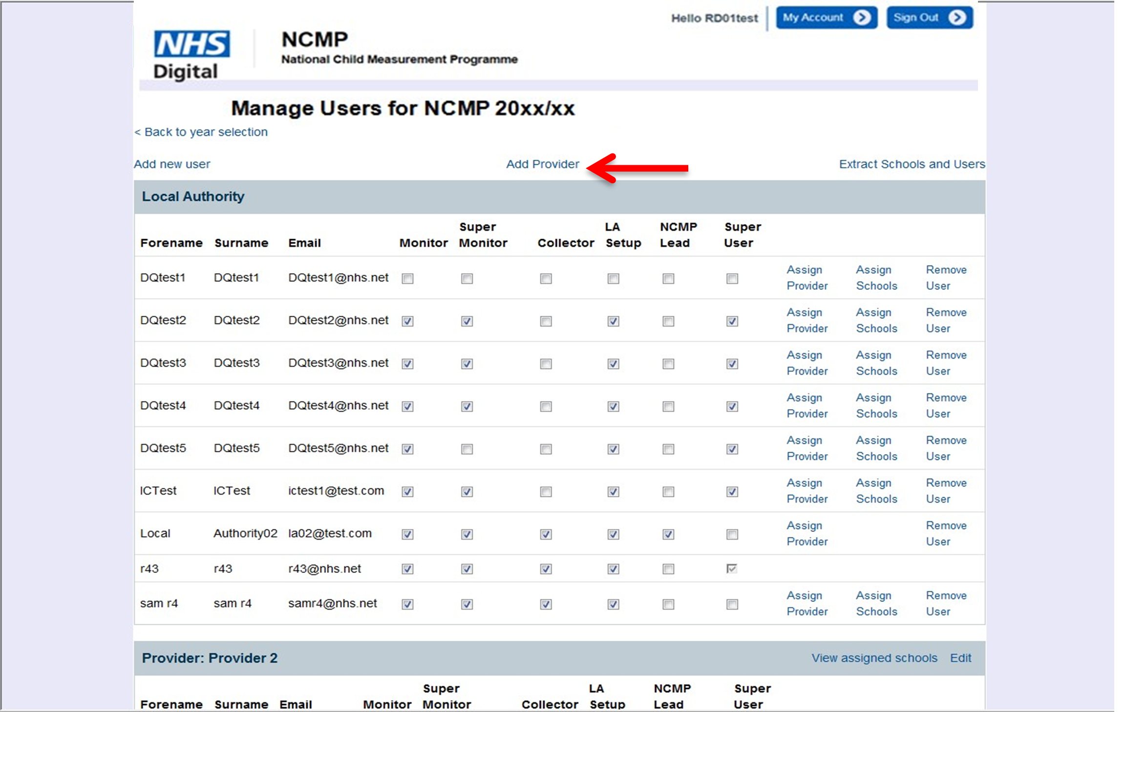 NCMP manage users for NCMP screen with add provider highlighted.