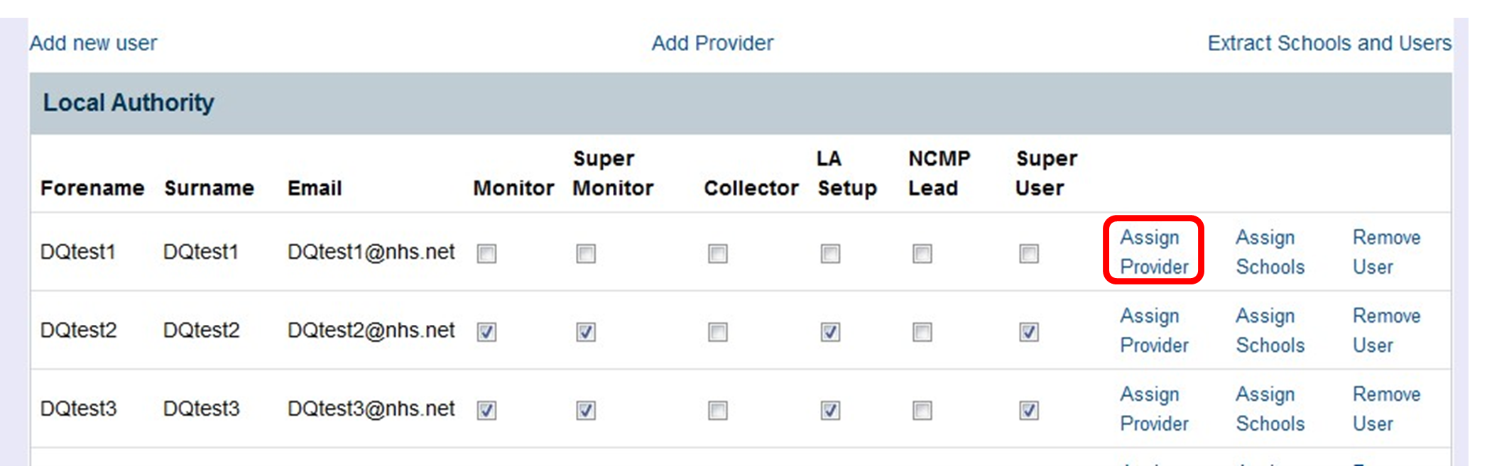 NCMP screen with assign provider highlighted,