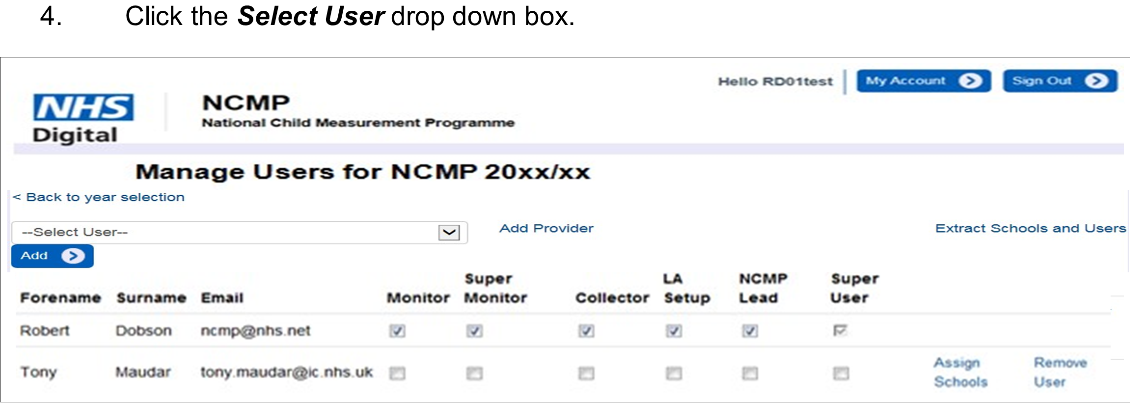 NCMP manage users screen with select user and add provider highlighted