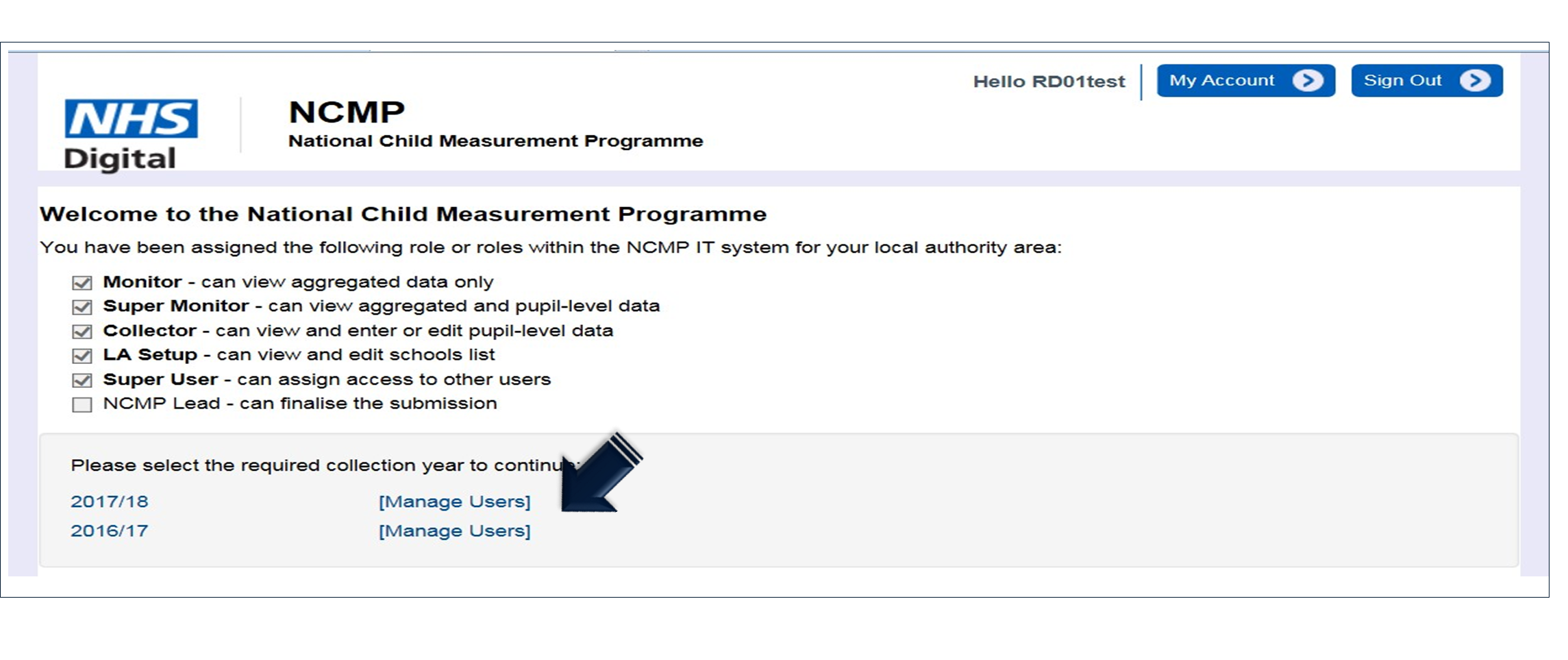 NCMP you have been assigned the following roles screen with manage users highlighted,