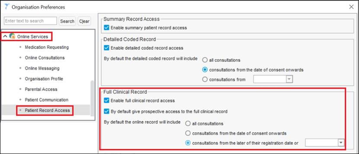 organisation preferences patient record access screen with enable full clinical access and consultations from the later of their registration date highlighted