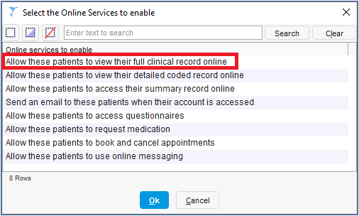 select the online services to enable with Allow these patients to view their full clinical record online highlighted