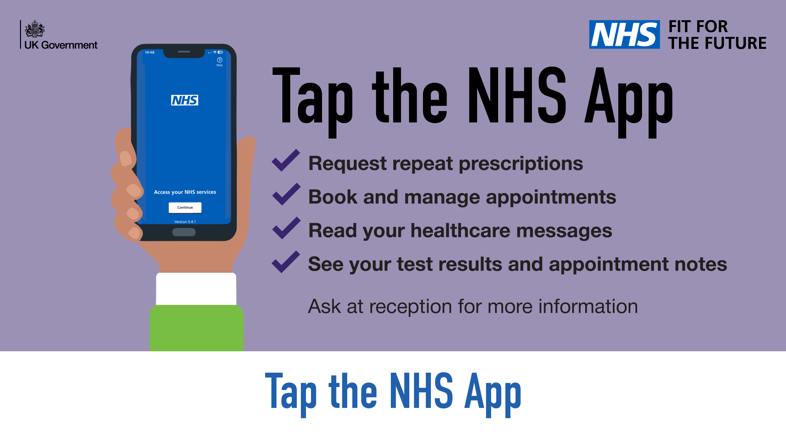 Poster promoting NHS App with wording 'Tap the NHS App'.