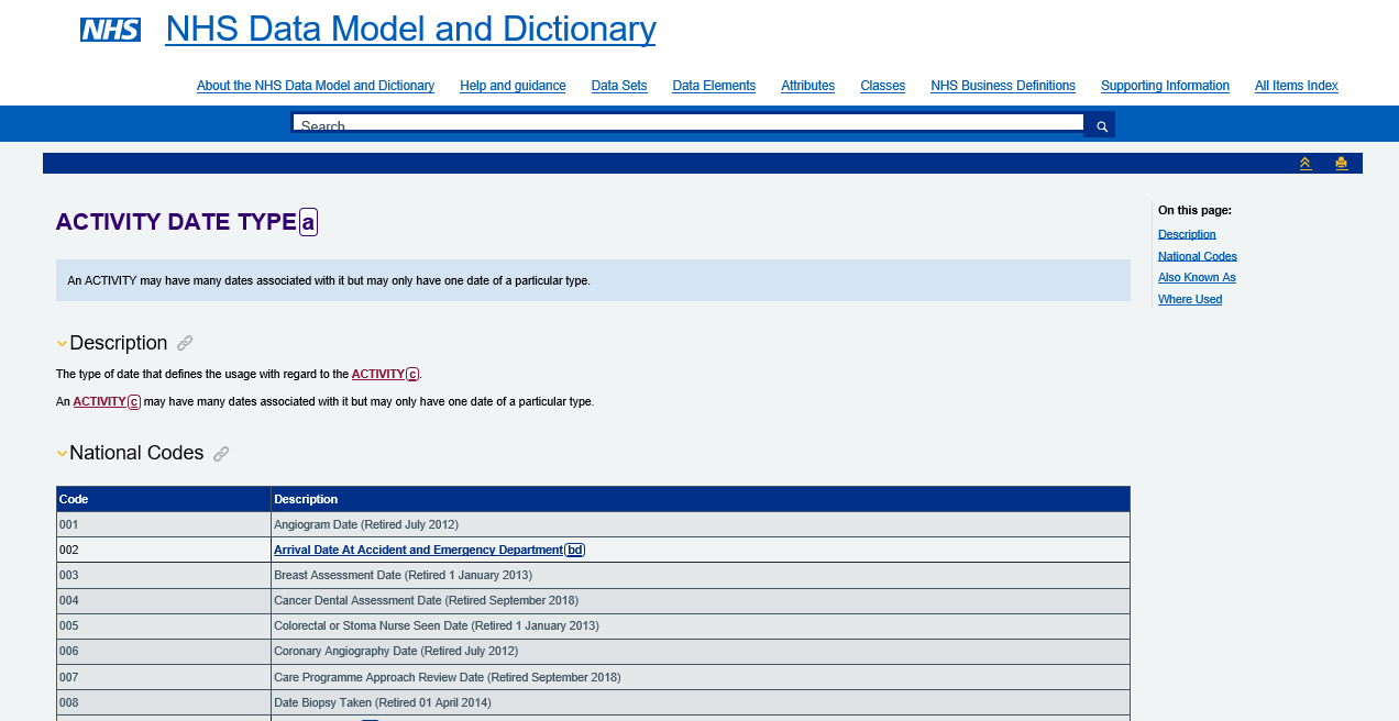 screen shot of the NHS data model and dictionary catalogue activity date type screen.
