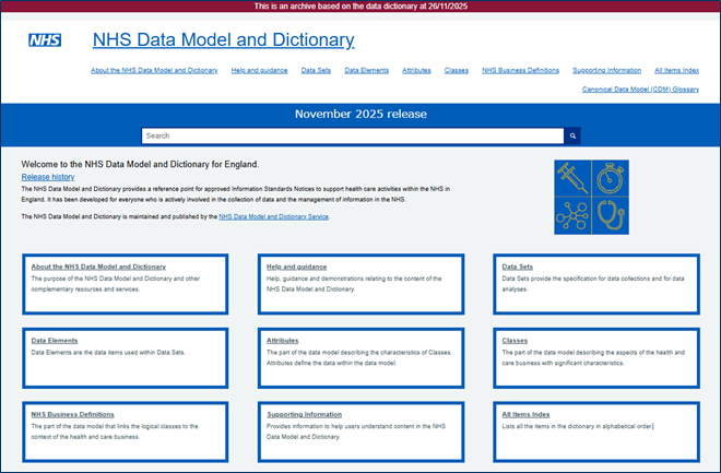 NHS data model and dictionary screen displaying an archived catalogue item.