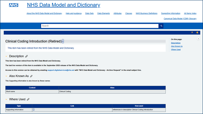 Screenshot of NHS Data Model and Dictionary showing retired item.