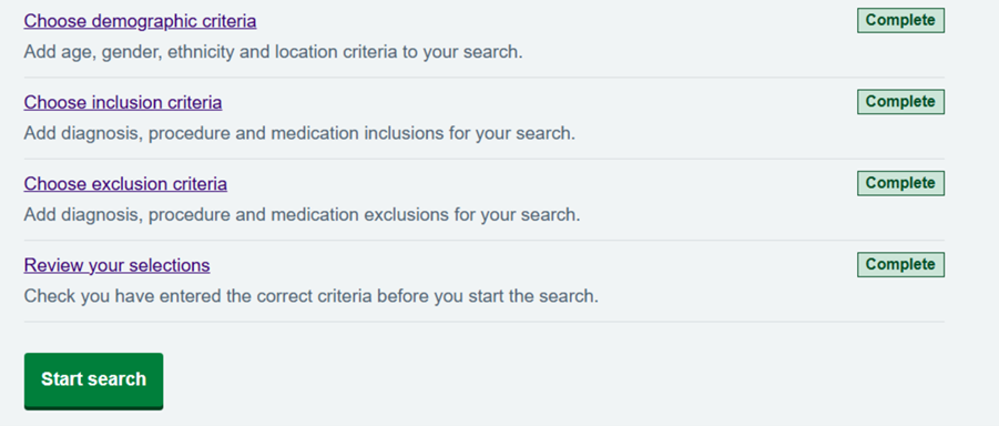 Screen showing all search criteria complete