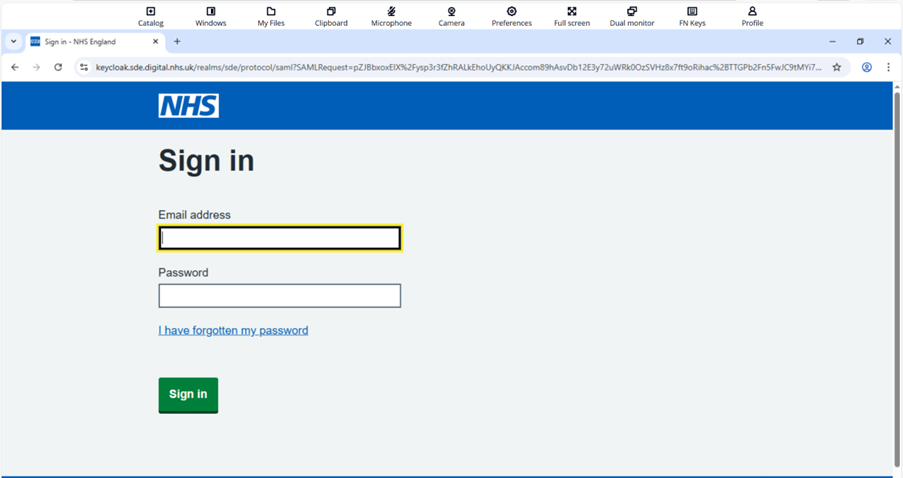 Browser login screen