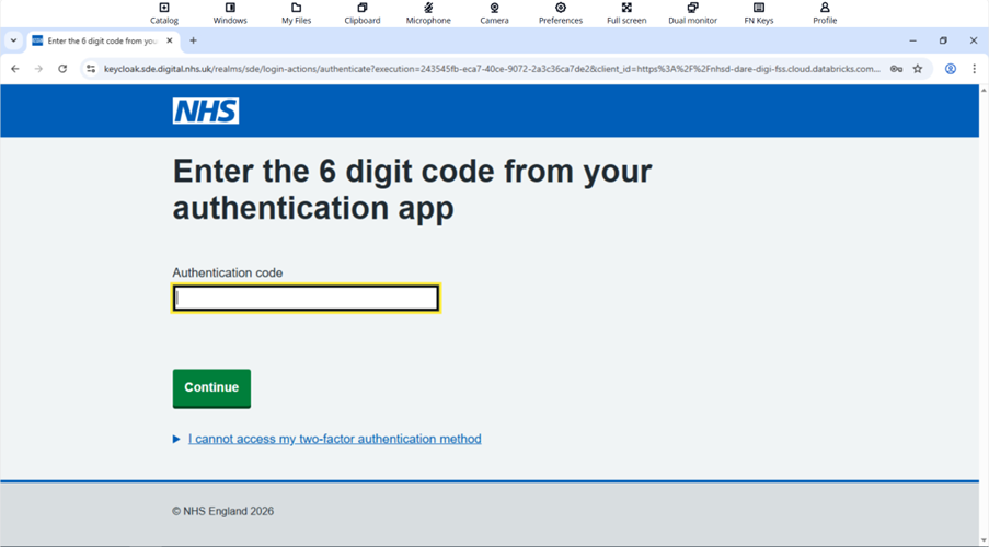 Two-factor authentication screen