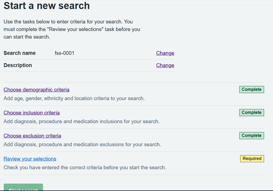 Search screen showing completed criteria