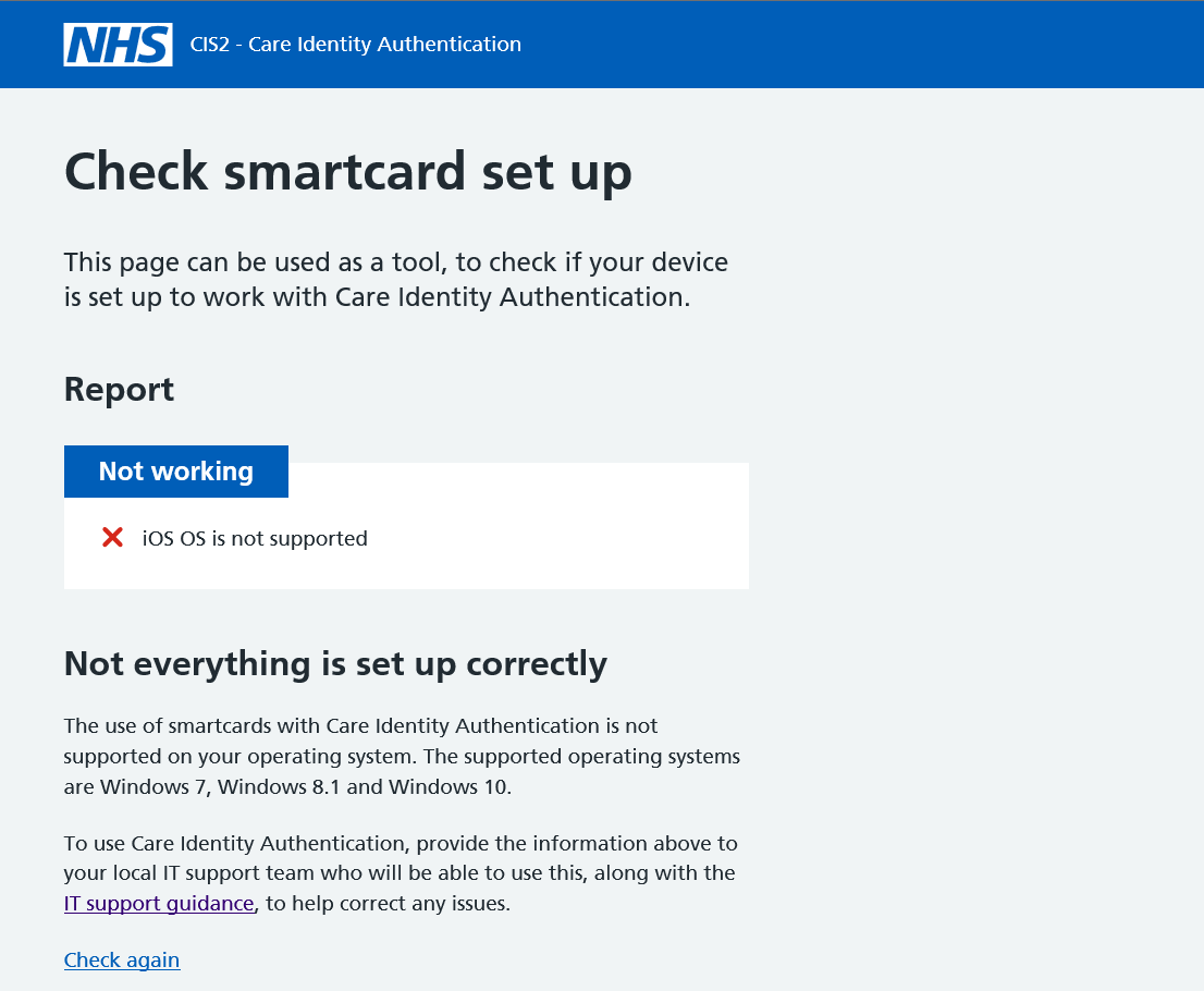 Smartcard checker screenshot showing the OS not working