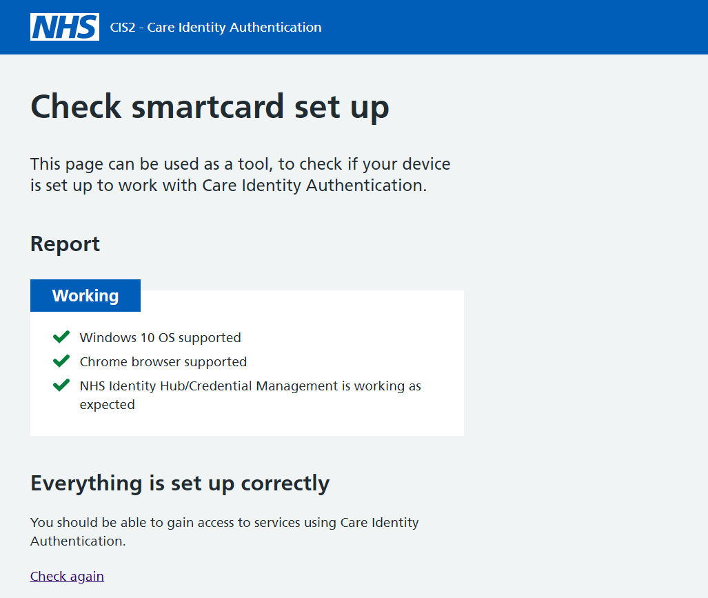 Smartcard checker screenshot showing success report