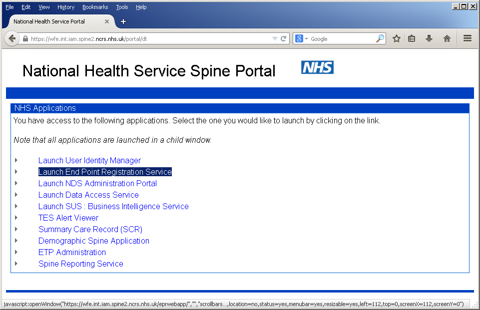 NHS Spine portal - launch endpoint registration service