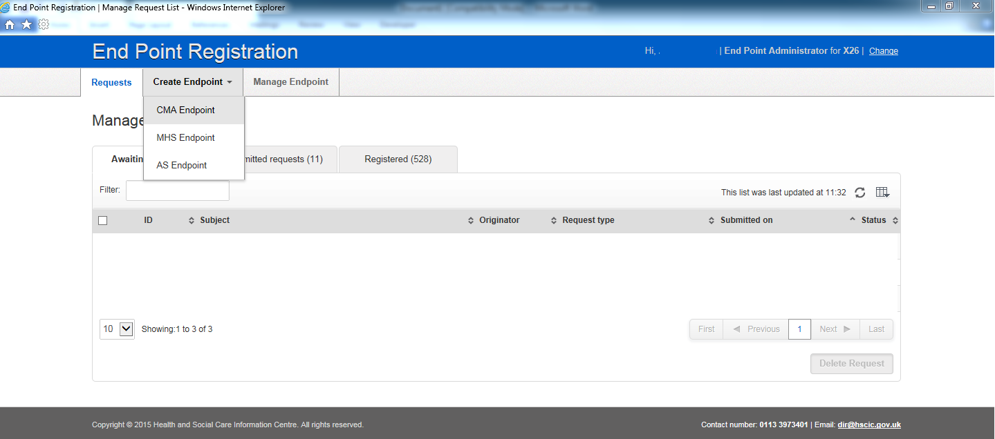 End Point Registration homepage - create endpoint menu
