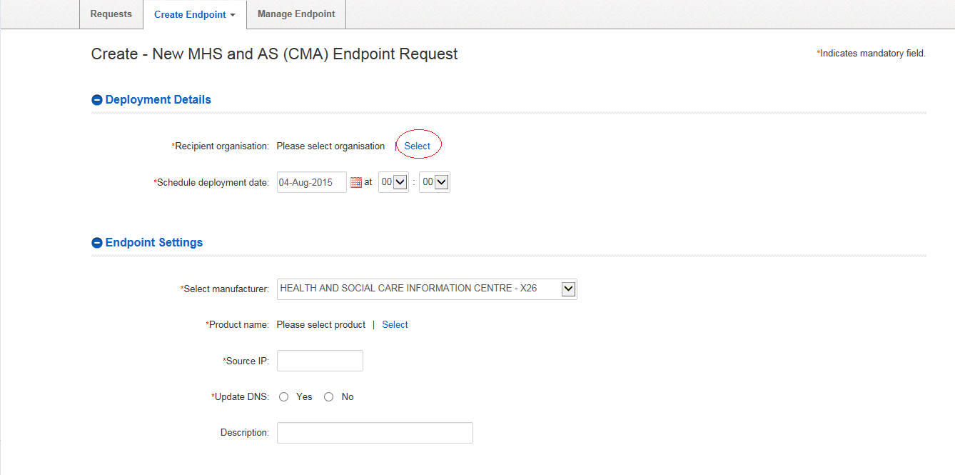 Create new MHS and AS (CMA) end Point request screen