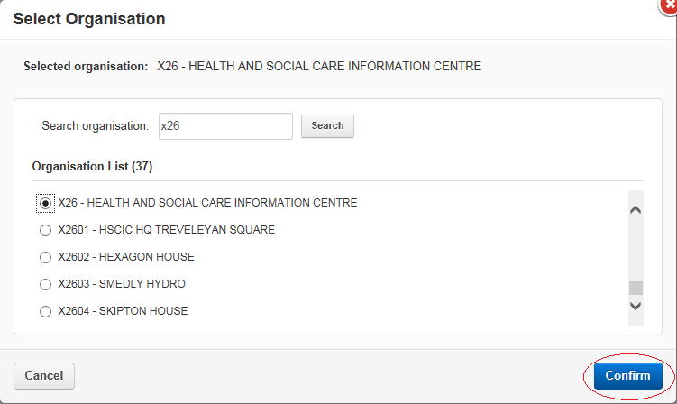 EPR - search organisation field confirm button