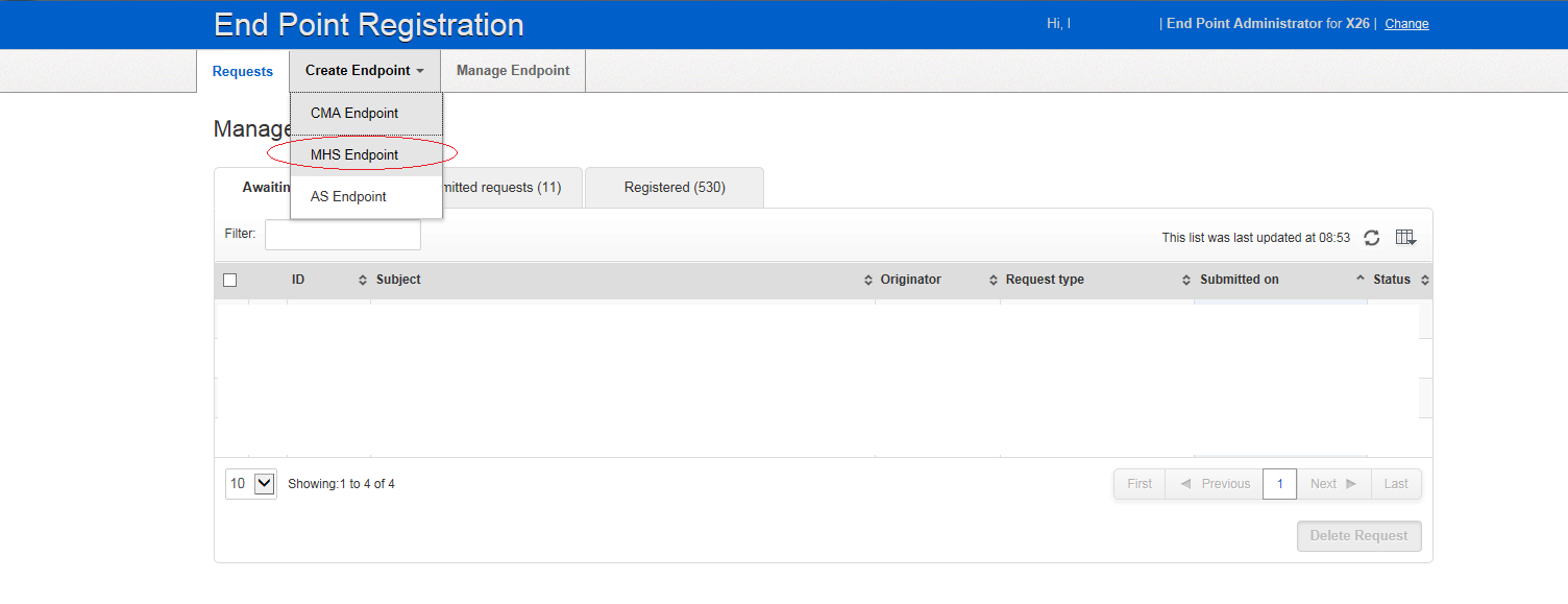 EPR service home page - create endpoint menu
