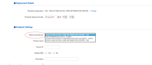 EPR endpoint settings - Select manufacturer drop down list