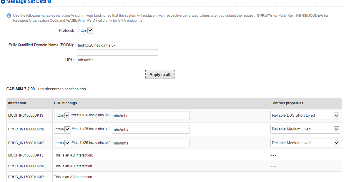 EPR message set details - single binding URL