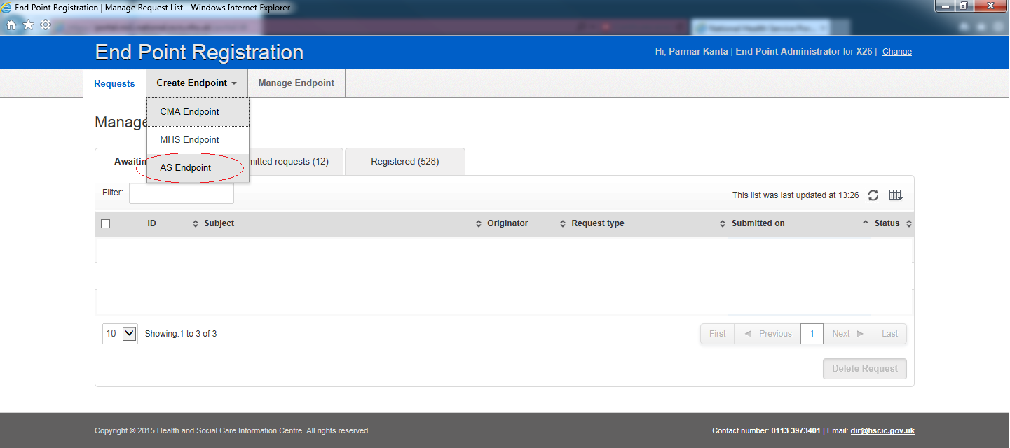 EPR homepage - create endpoint menu