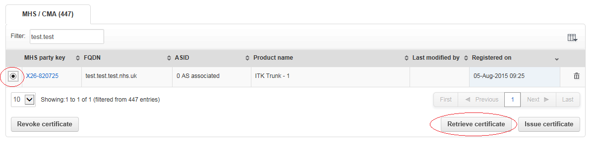 EPR - select required party key and click retrieve certificate button