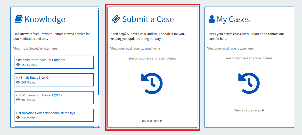 Screen grab of the Submit a Case tile on the homepage