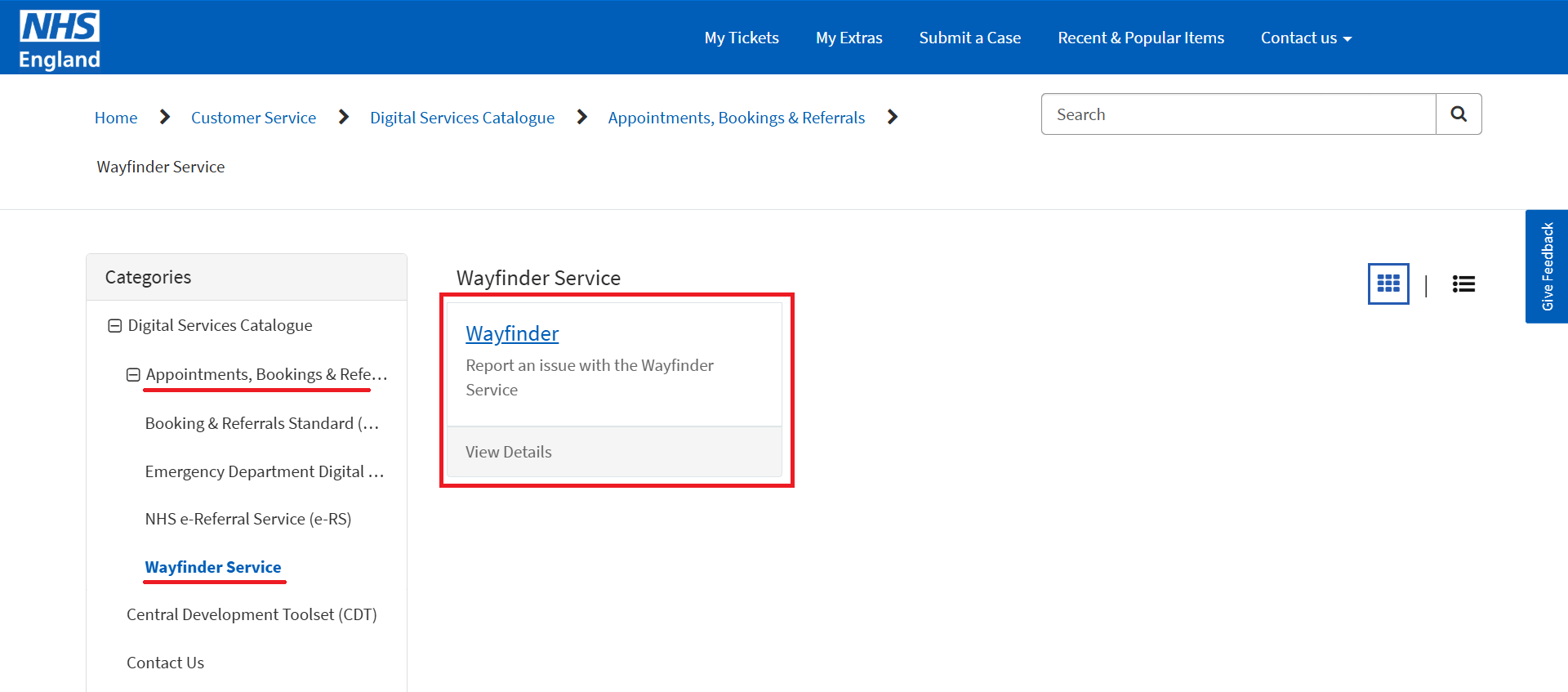 Screen grab of the Categories menu with Wayfinder selected from the list