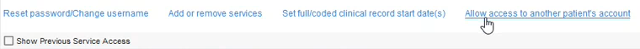 The cursor hovering over Allow access to another patient’s account link in TPP SystmOne.