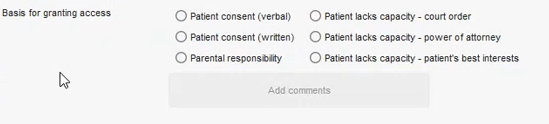 The cursor hovering over the pop-up called Basis for granting access in TPP SystmOne.