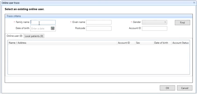 The Family name input box clicked on in the pop-up for Online user trace in EMIS.