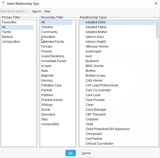 The cursor hovering over the Extended family filter in Select Relationship type in TPP SystmOne.