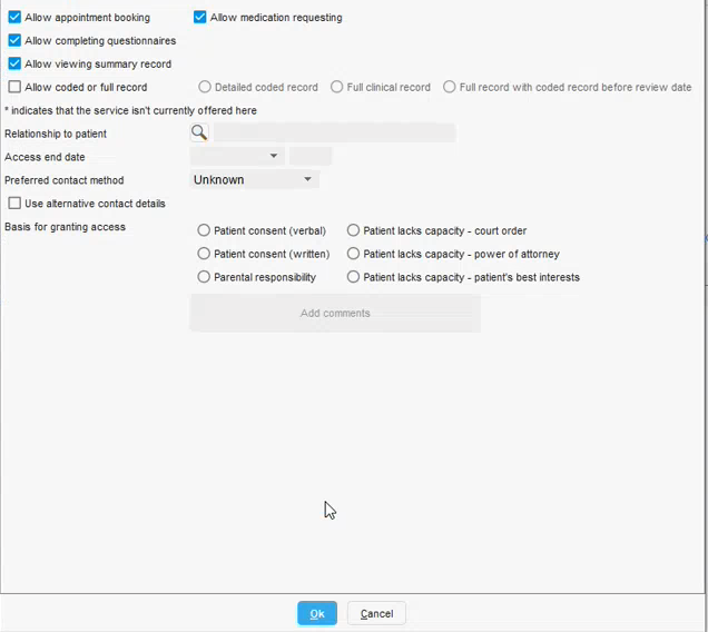 The cursor hovering over the box to input services for proxy access in TPP SystmOne.