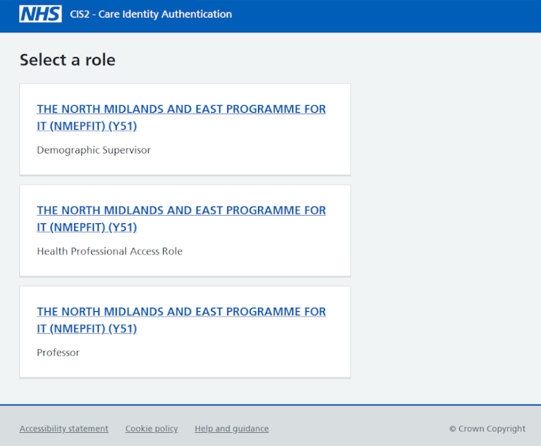 Screenshot of a page listing 3 roles to select from