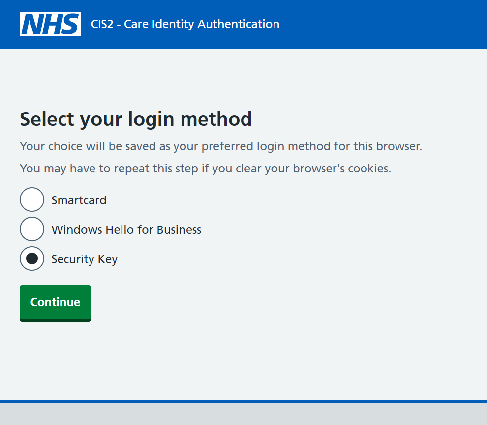 Screenshot of a page asking the user to select their login method and the Security Key option is selected