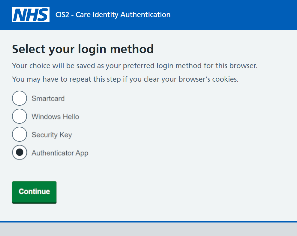 Screenshot of a page asking the user to select their login method with the Authenticator App item selected