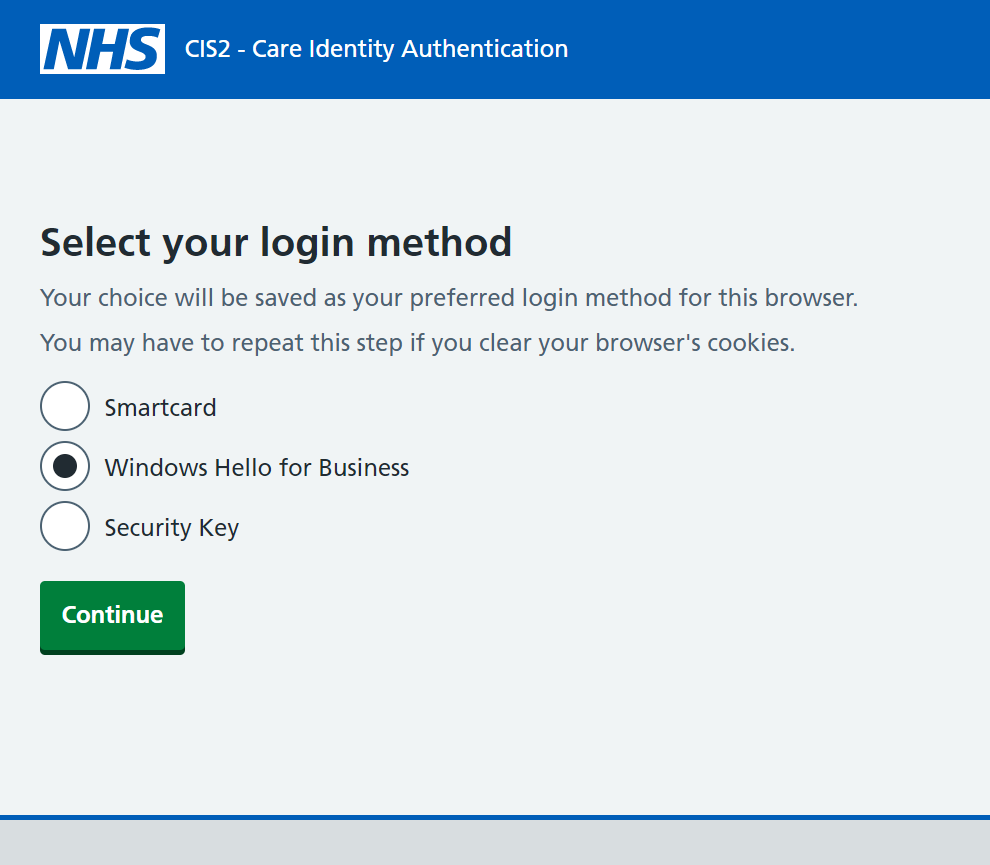 Screenshot of the NHS CIS2 Authentication selection page with the Windows Hello for Business option selected