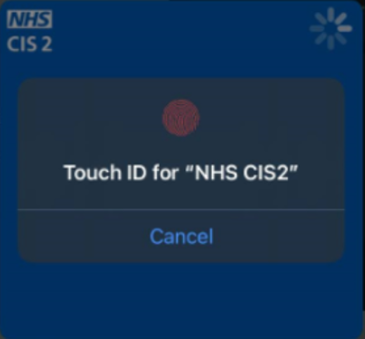 Screenshot of the iPad pop up asking the user to present their fingerprint with the title "Touch ID for NHS CIS2"