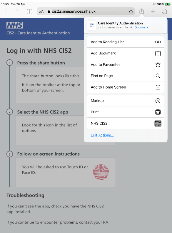 Screenshot of the share menu on an iPad with the NHS CIS2 app as an option to select