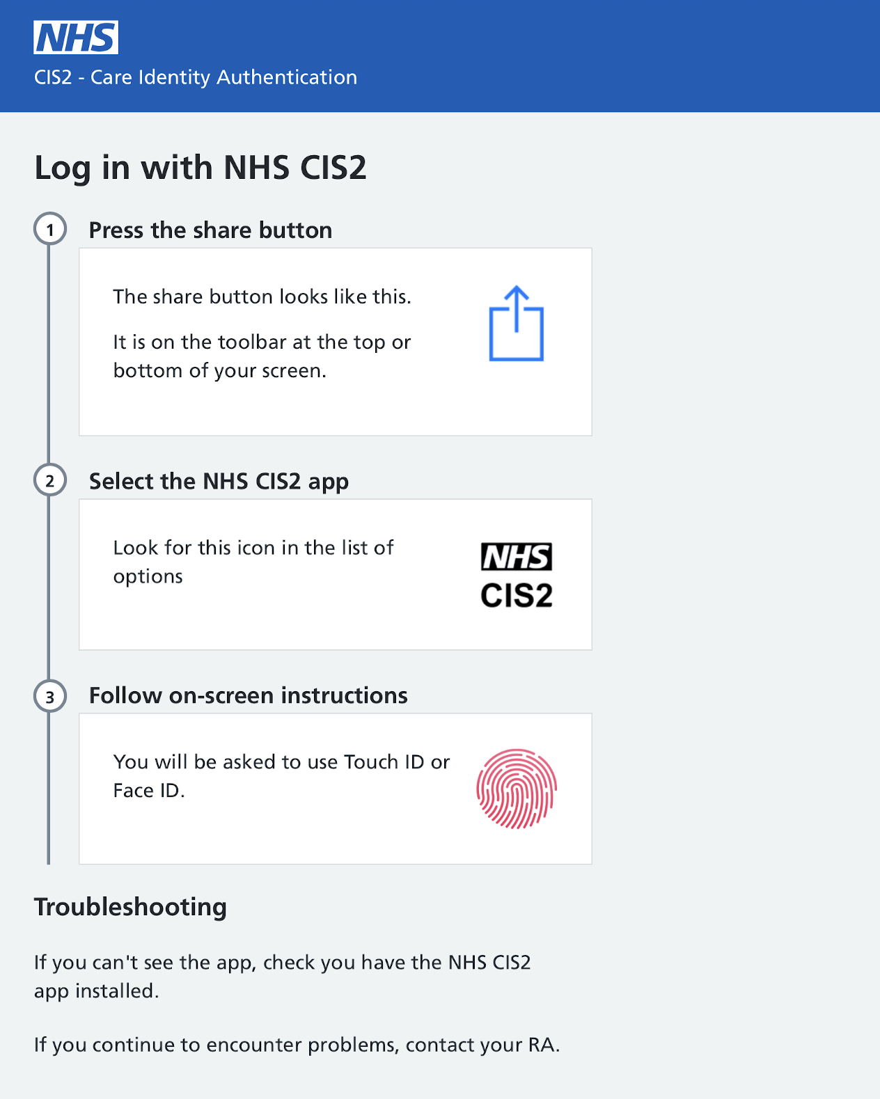 Screenshot of the instructions for how to authenticate using the NHS CIS2 app