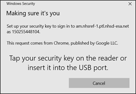 Screenshot of a popup asking the user to touch their Security Key