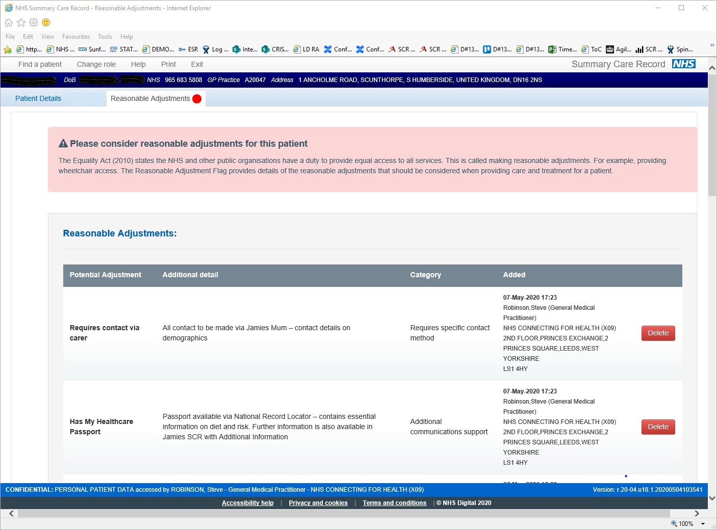 Screenshot of Jamie's reasonable adjustments that have been recorded in the flag