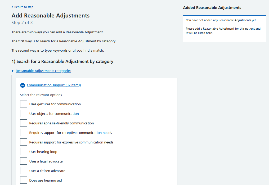 Screenshot showing how to select a Reasonable Adjustment by browsing through a list of categorised SNOMED codes.
