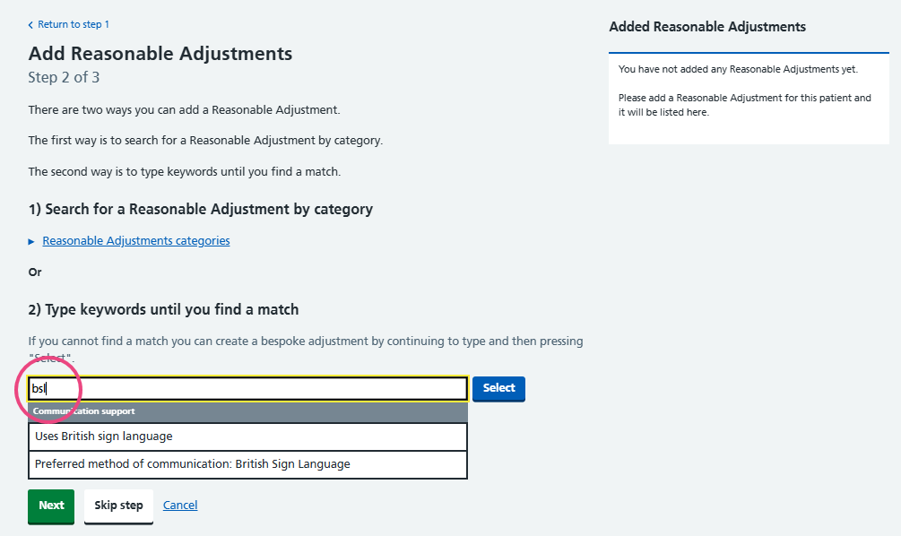 Screenshot of Reasonable adjustment flag showing how to search for an item by typing in the search box. Results matching your search term will appear as soon as you start typing.